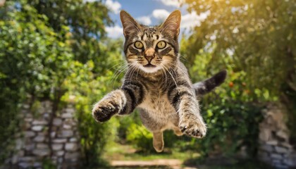 Naklejka na ściany i meble funny cat flying. photo of a playful tabby cat jumping mid-air looking at camera. background