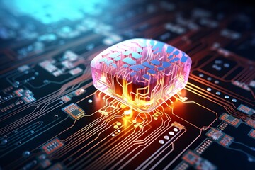 Fototapeta na wymiar digital illustration depicting a brain model on an integrated circuit board,