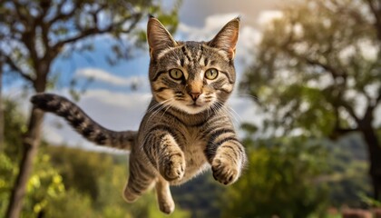 funny cat flying. photo of a playful tabby cat jumping mid-air looking at camera. background