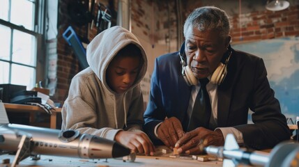 Fototapeta na wymiar A Black grandfather, dressed in a sharp suit, mentors his teenage grandson, who wears a hoodie and headphones, on building a model rocket together.
