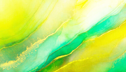 Abstract yellow and green liquid marble texture background. Translucent alcohol ink colors and acrylic paints. For background, invitation, wallpaper. Modern fluid art.