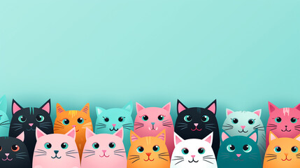 Various colored cartoon cats Cute furry in a relaxed pose. on a pastel background