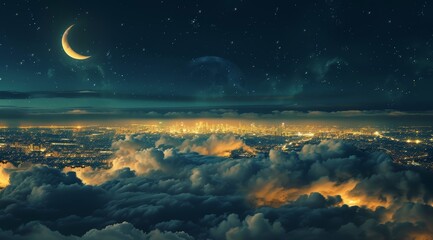Obraz na płótnie Canvas a view of the city lights from above, clouds in foreground, night sky with moon and stars