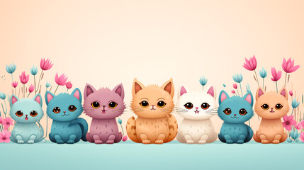 Various colored cartoon cats Cute furry in a relaxed pose. On a pastel background, cat family