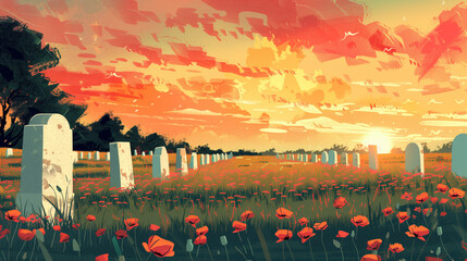 Sunset over Military Cemetery with Poppy Field - obrazy, fototapety, plakaty