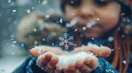 Fototapeta premium A child gazing in wonder at a single, perfect snowflake melting on their hand. Convey the preciousness and wonder of water in all its forms.
