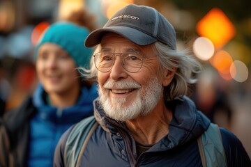 An elderly man with a beard smiles joyously, in the blurry background you can see urban life with hints of bokeh lighting