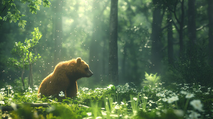 Brown Bear in Sunlit Forest Clearing - obrazy, fototapety, plakaty