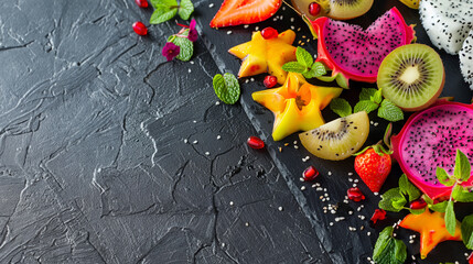Exotic Fruits Assortment on Dark Slate Background with Vibrant Colors