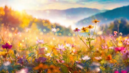Fototapeta na wymiar meadow flowers in early sunny fresh morning. Vintage autumn landscape background. 