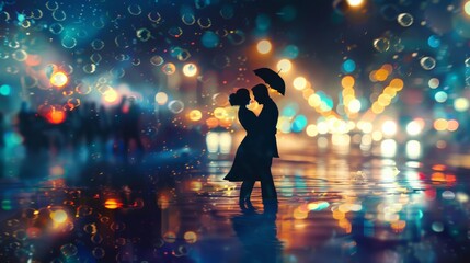 A cinematic moment capturing two silhouettes dancing passionately in the rain, with the city lights blurred in the background, symbolizing love and freedom amidst life's challenges.