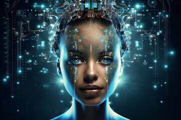 head with a technological digital circuit and luminous patterns symbolizing artificial intelligence and machine thinking