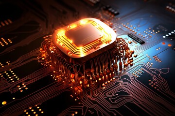 futuristic microchip with luminous elements and complex circuit.
Concept: artificial intelligence, the future of computing and innovation in technology