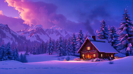 Snowy winter landscape with a cozy cottage, embodying a fairy-tale Christmas atmosphere in a frosty mountain forest setting