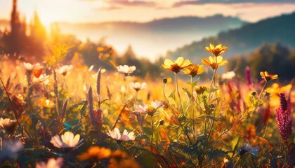 meadow flowers in early sunny fresh morning. Vintage autumn landscape background.  - obrazy, fototapety, plakaty
