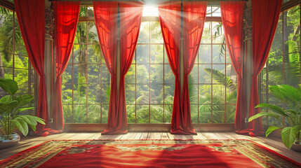 Empty room in Rococo style with large French windows, red curtains, red carpet overlooking the tropical forest