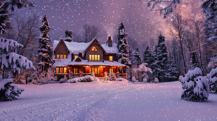 Snowy winter scene with a cozy house at night, evoking the magic of Christmas and the serene beauty of winter landscapes