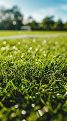 Close-up of dew on vibrant green soccer field grass with blurred background.
