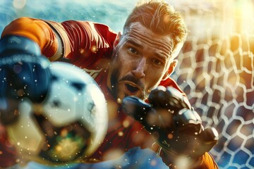 A goalkeeper dives to save the ball, displaying intense focus and athleticism.