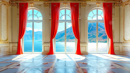 Empty room in Rococo style with large French windows with red curtains overlooking the sea and mountains