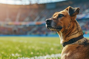 Alert dog sits at a sunny football stadium, gazing into the distance.