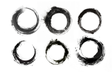 Abstract Ink Circles and Zen Brushwork: Black Circle Textures and Monochrome Circular Brush Designs with Hand-Drawn Doodle Effects for Crayon Brush Templates