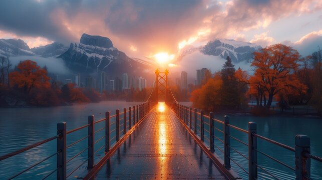 Iron bridge over the river with views of the city and mountains