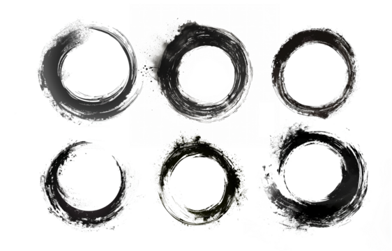 Abstract Ink Circles and Zen Brushwork: Black Circle Textures and Monochrome Circular Brush Designs with Hand-Drawn Doodle Effects for Crayon Brush Templates