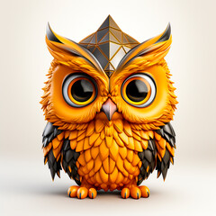 Adorable owl mascot with yellow triangle character design. Stands out against a white background. Ideal for representing wisdom and intelligence in branding or marketing efforts.