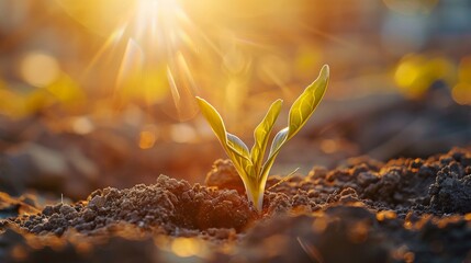 A close-up image of a sprouting seedling breaking through the soil, bathed in the warm light of a spring morning, symbolizing new beginnings and the cycle of life.