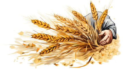 hand drawn and painted wheat getting grinded, earthy colors, white background created with Generative Ai