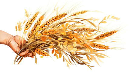 hand drawn and painted wheat getting grinded, earthy colors, white background created with Generative Ai