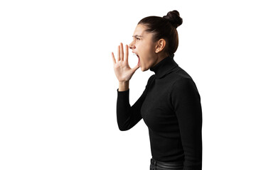 A young woman in black clothing shouting, isolated on a white background, expressing strong emotion