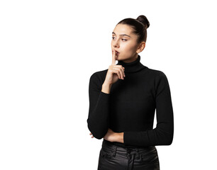 A young woman with a thoughtful expression, finger on lips, on a white background, portraying the...