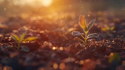 A close-up image of a sprouting seedling breaking through the soil, bathed in the warm light of a spring morning, symbolizing new beginnings and the cycle of life. - obrazy, fototapety, plakaty