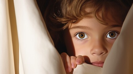 A child peeking through curtains, symbolizing the longing for a life beyond the confines of fear and sorrow