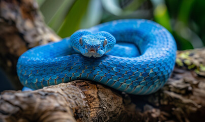 a blue snake curled on a tree branch