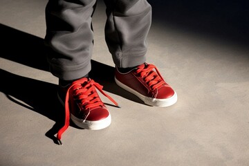 A close-up of a childs shoes, standing at the edge of a shadow, representing the fine line between safety and danger