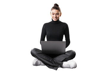 A smiling young woman sitting cross-legged with a laptop on a white background, embodying a casual...