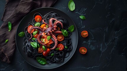 A plate of black pasta with octopus and tomato sauce, food photography - obrazy, fototapety, plakaty