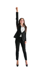 Gordijnen A young woman posing as a superhero with one arm raised triumphantly, dressed in business attire, against a white background © Who is Danny