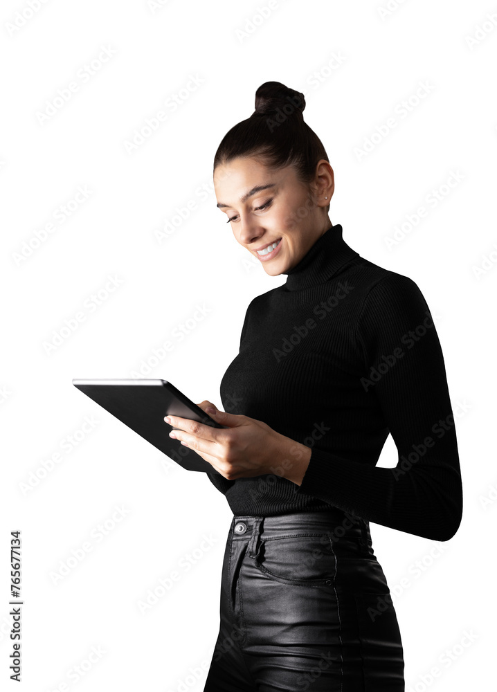 Poster a smiling woman in a black turtleneck using a digital tablet, isolated on a white background, depict