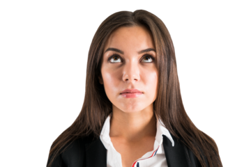Closeup of a young businesswoman looking up, with a white background and a concept of decision making