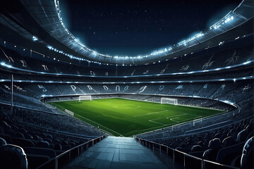Fototapeta na wymiar Night View of Soccer Stadium Illuminated Stadium Lights Night Sky