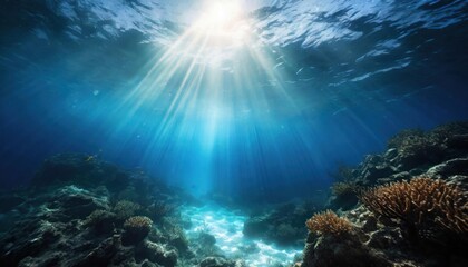Fototapeta na wymiar Underwater Ocean - Blue Abyss With Sunlight - Diving And Scuba Background