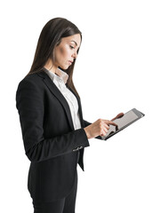 A businesswoman using a digital tablet, isolated on a white background, reflecting a concept of...