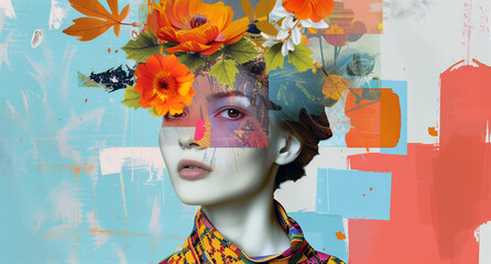 A vibrant digital collage blending a woman's portrait with folk elements and autumnal flowers, creating a tapestry of rich textures and vivid colors. Generative AI