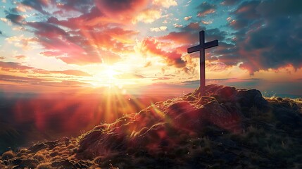 Fototapeta na wymiar Bright Shining cross on Calvary hill, sunrise, sunset sky background