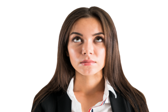 Closeup of a young businesswoman looking up, with a white background and a concept of decision making - Powered by Adobe