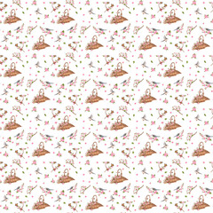 Seamless pattern with pink sakura flowers and leaves, branches and wicker baskets. Floral pattern with birds. Hand-drawn watercolor illustration. 